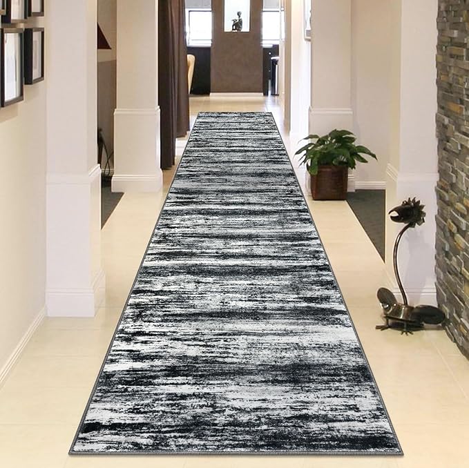 KOZYFLY Modern Abstract Washable Rug Runner 2.6x14 Hallway Rug Runner Non-Slip Soft Kitchen Runner Rugs, Black Navy Blue Grey Striped Carpet for Entryway Bathroom Laundry Room Foyer