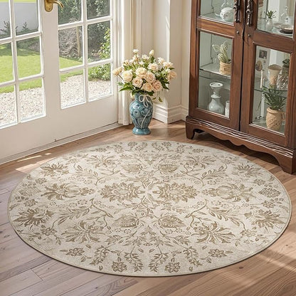 jinchan Classic Floral Round Rug 4ft, Vintage-Inspired Neutral Design 4’Circle Rug, Machine Washable Ultra-Thin Low-Pile Non-Slip Indoor Carpet for Bedroom Dining Room Living Room Entryway Taupe