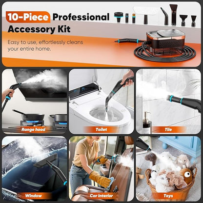Steam Cleaner, 2500W Pressurized Heavy Duty Handheld Steamer with 1.32QT Tank & 10 Attachments – for Kitchen, Bathroom, Car, Floors, Tile, Furniture, Couch, Windows (Black/Gold)