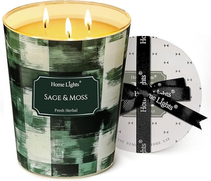 HomeLights Scented Candles | Large Jar 34 Oz Natural Soy Candle | 130 hrs Long-Lasting with 3 Wicks | Scandinavian Minimalist Design Home Decor | Gifts for Mom & Women, Sage & Moss