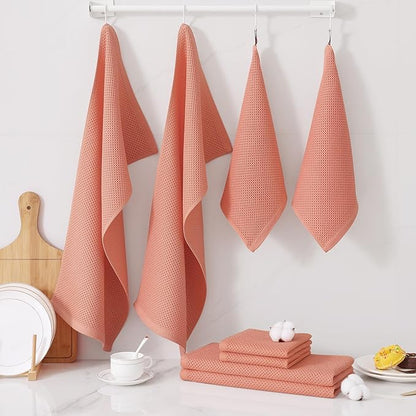 Homaxy 100% Cotton Kitchen Towels and Dishcloths Set, 12 x 12 Inches and 13 x 28 Inches, Set of 8 Bulk Kitchen Towels Set, Ultra Soft Absorbent Dish Cloths for Washing Dishes, Coral