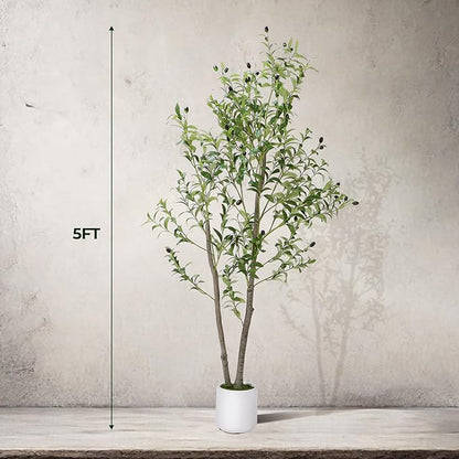 Artificial Olive Tree 5FT, Indoor Fake Silk Plant with Realistic Trunk, Leaves, Fruits and White Planter, Faux Potted Tree for Home Decor and Housewarming Gift, 1 Pack