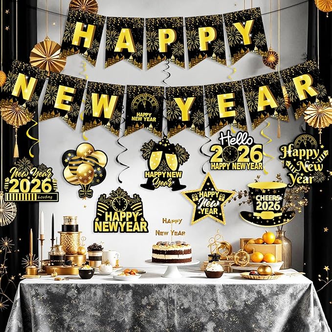 Happy New Year Banner & Hanging Swirls, 2026 Black and Gold Happy New Years Paper Banner Ceiling Swirl Streamers for New Years Eve Party Supplies