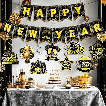 Happy New Year Banner & Hanging Swirls, 2026 Black and Gold Happy New Years Paper Banner Ceiling Swirl Streamers for New Years Eve Party Supplies