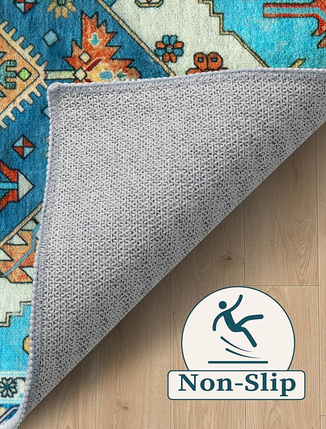 SERISSA Boho Kitchen Runner Rug, 3x7 Washable Non-Slip Runner Rug for Hallways Kitchen Rug, Ultra Soft Vintage Blue Print Distressed Tribal Floor Carpet Runner for Bedroom Entryway Laundry Room