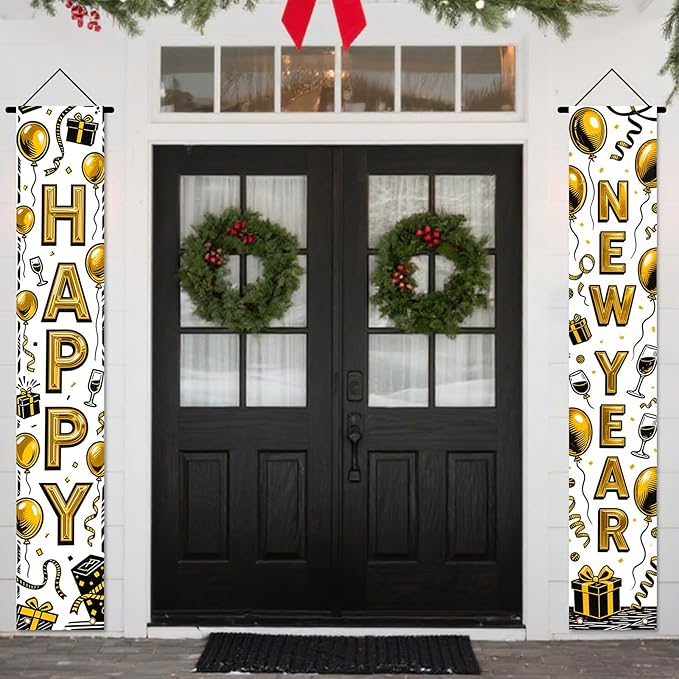 Nuxovilar Happy New Year Banner, 70.86" x 11.81" Black Gold Champagne Glass Hanging Decorations for Outdoor Indoor Home Wall