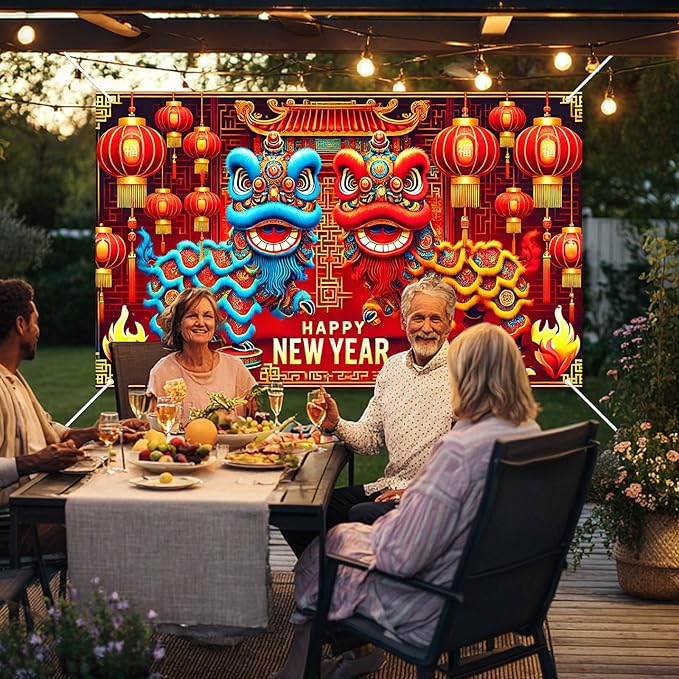 Chinese New Year Lion Dance Backdrop Happy New Year Banner Red Gold Lantern Festival Party Background Traditional Lunar New Years Wall Decor for Home Party Event Photo Booth 71x43 Inch