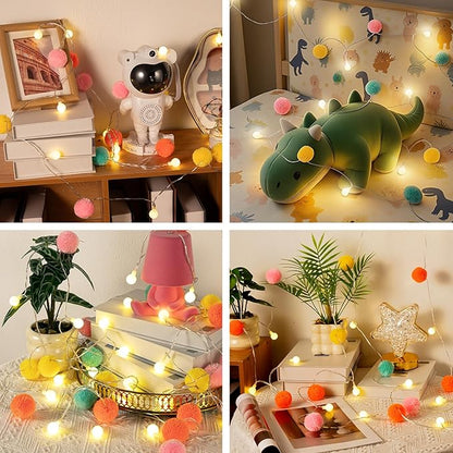 LED Pom Poms Fairy Lights - 21Feet, 20 LED, Battery Operated, Warm White Globe Lights Cute for Home,Kids Playhouse, Holiday, Christmas, Kids Room Party Birthday Wedding Valentines Decorations