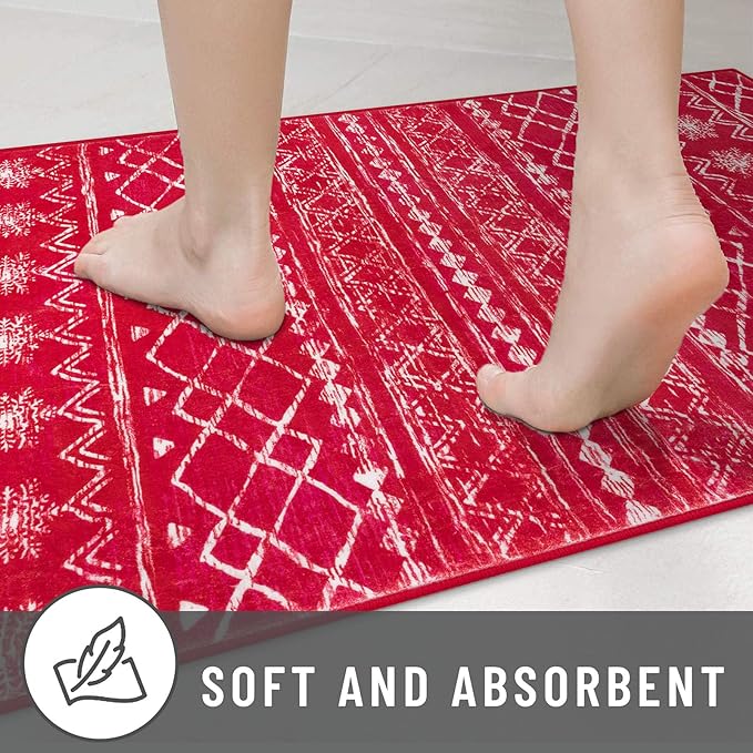 KUTA 3x5 Christmas Rugs for Entryway, Moroccan Boho Washable Area Rugs for Living Room Non Slip, Red Ultra Soft Print Distressed Geometric Low-Pile Entry Throw Carpet for Bedroom Nursery Dorm