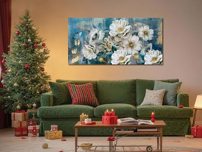 Arjun Flowers Canvas Wall Art for Bedroom White Elegant Teal Picture, Textured Floral Magnolia Painting Living Room Wall Decor Turquoise Large Artwork Dining Room Home Office 48"x24"