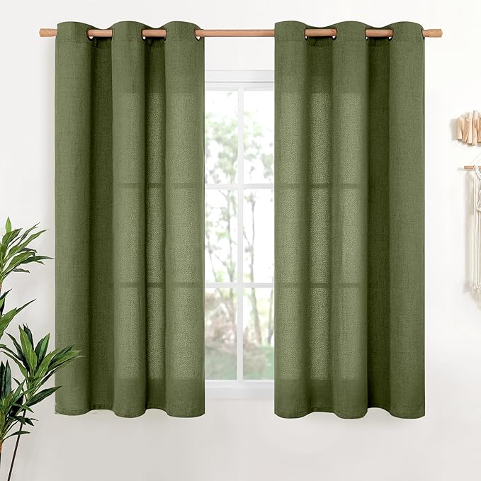 YoungsTex Olive Linen Curtains 48 Inch Length 2 Panels for Short Window, Dark Green Semi Sheer Drapes Light Filtering with Bronze Grommet for Living Room Bedroom, 42 X 48 Inch