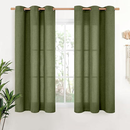 YoungsTex Olive Linen Curtains 45 Inch Length 2 Panels, Dark Green Short Drapes Semi Sheer with Bronze Grommet Light Filtering for Living Room Windows, 42 X 45 Inch