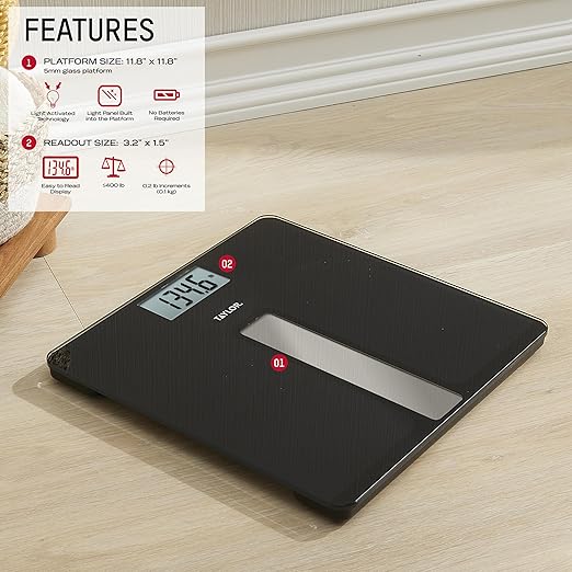 Taylor Light Powered Digital Bath Scale, Large and Durable Platform, Light Powered Panel with Endless Power, No Batteries Needed, Energy-Saving, Easy to Use, High 400 lb Capacity, Black