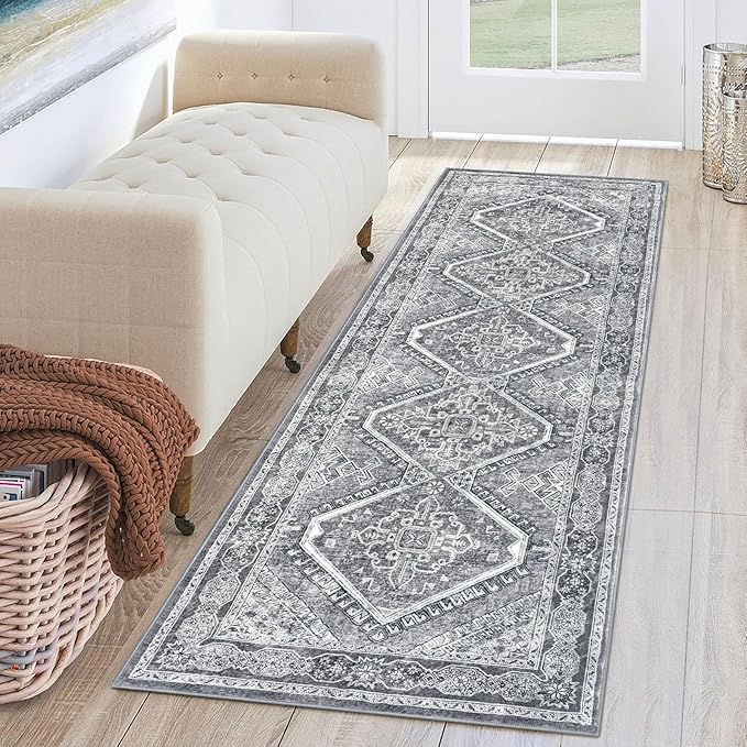 KUTA Oriental Washable Runner Rug, 2x6 Runners for Hallways Non-Slip Vintage Grey Kitchen Rugs Ultra Soft Printed Distressed Tribal Farmhouse Carpet for Laundry Bedroom Living Room