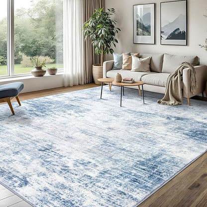 IOHOUZE Abstract Area Rugs 8x10 Ft Washable Large Rugs for Living Room, Non Slip Dining Room Rug, Printed Faux Wool Rugs for Bedroom, Floor Carpet for Office Nursery Playroom, Light Blue White