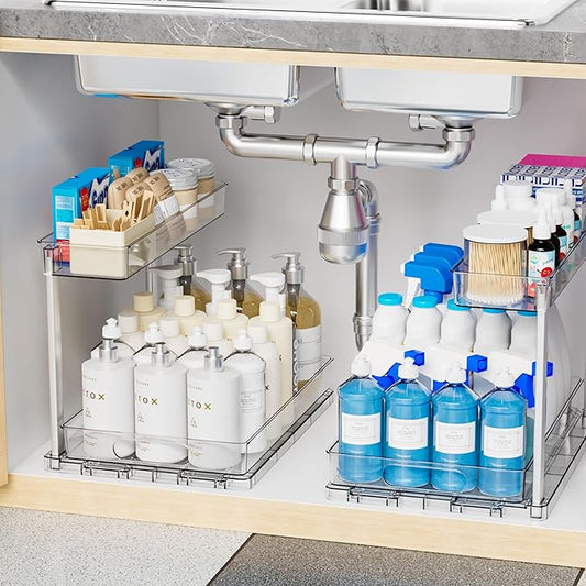 Yieach 2-Tier Under Sink Organizers and Storage,2 Pack Bathroom Cabinet Organization,Pull Out Shelves Drawers for Undersink Cleaning Supplies Organizer,Inder Sink Cabinet Storage for Kitchen,Clear