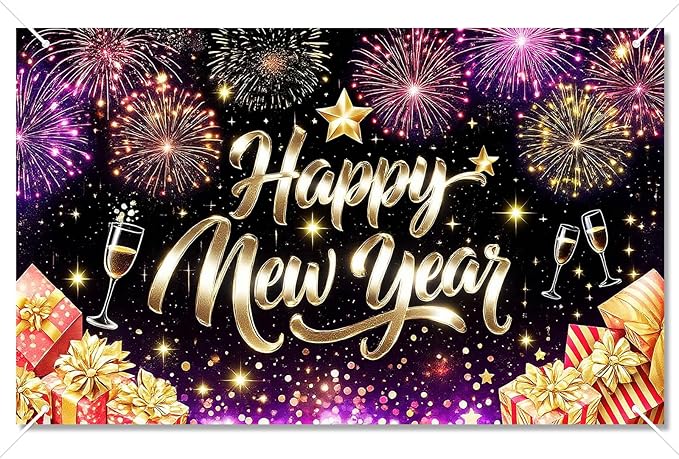 Happy New Year Backdrop Gold Glitter Champagne Glasses Fireworks Gift Boxes Banner 71x43 Inches Sparkling Black Background for 2026 New Year Eve Party Indoor Outdoor Decoration