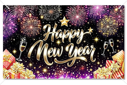 Happy New Year Backdrop Gold Glitter Champagne Glasses Fireworks Gift Boxes Banner 71x43 Inches Sparkling Black Background for 2026 New Year Eve Party Indoor Outdoor Decoration