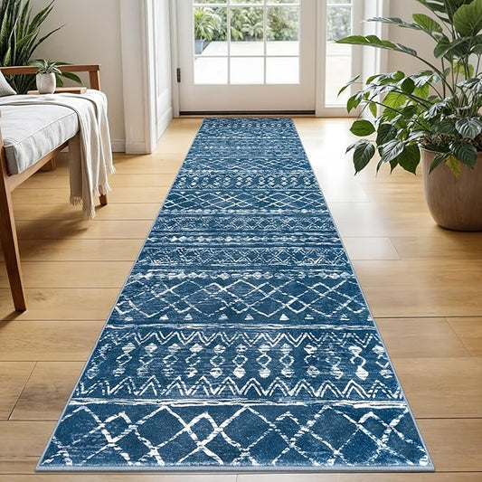 KUTA Moroccan Washable Hallway Runner Rug, 2x6 Non-Slip Vintage Blue Boho Rugs Kitchen Runners Ultra Soft Distressed Geometric Floor Carpet for Bedroom Laundry Living Room