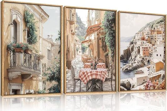 HLNIUC Vintage Italy Street Wall Art Set of 3, the Mediterranean Italian Countryside Wall Decor(16x24), Modern Cityscape Coastal Town Nature Scenery Canvas Painting for Living Room, Bedroom, Office