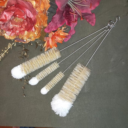 NewFerU Stainless Steel Soda Bottle Cleaning Brush Set in Natural Boar Bristle Wool Tip Long Handle, Flexible Bendable Thick Wire Cleaner for Narrow Neck Water Baby Bottles Straw Pipe Tube Flask (4)