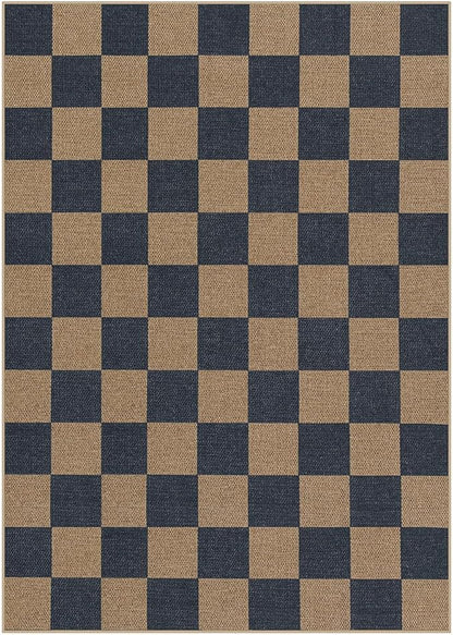 Lahome Checkered Easy Jute Living Room Rugs, 5x7 Dining Room Office Rug Farmhouse Outdoor Patio Carpet, Checkerboard Washable Non Slip Indoor Outdoor Blue Carpet for Backyard Entry Deck