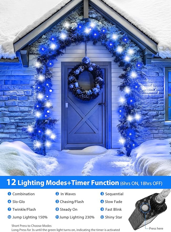 Minetom Christmas Lights Outdoor Cluster Lights - 200 LED 10 Ft Christmas Firecrackers String Lights, 12 Modes Timer Waterproof Connetable Plug in Twinkle Fairy Lights for Xmas Tree Party, Blue＆White