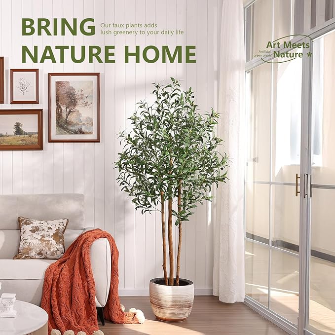 6FT Olive Tree Artificial Indoor Faux Plant - Tall Fake Silk Tree, Natural Trunk, Easy Maintenance Fake Tree Home Decor - Large Indoor Plant for Living Room, Office, Modern Home,VN356