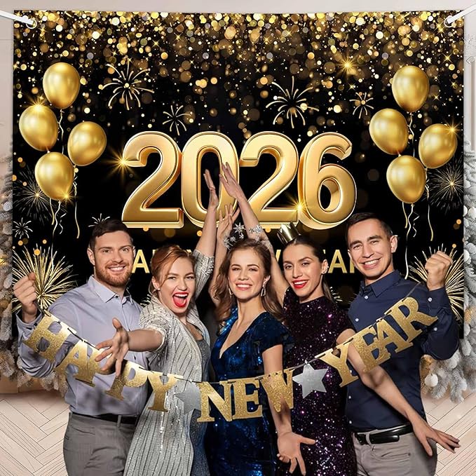 MEHOFOND 7x5 ft Black and Gold 2026 Happy New Year Backdrop Cheers to 2026 New Year Eve Glitter Photography Background Hello 2026 Party Balloon Fireworks Decor Banner Cake Smash Photo Props
