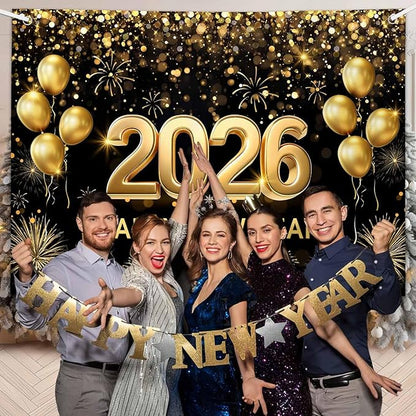 MEHOFOND 7x5 ft Black and Gold 2026 Happy New Year Backdrop Cheers to 2026 New Year Eve Glitter Photography Background Hello 2026 Party Balloon Fireworks Decor Banner Cake Smash Photo Props