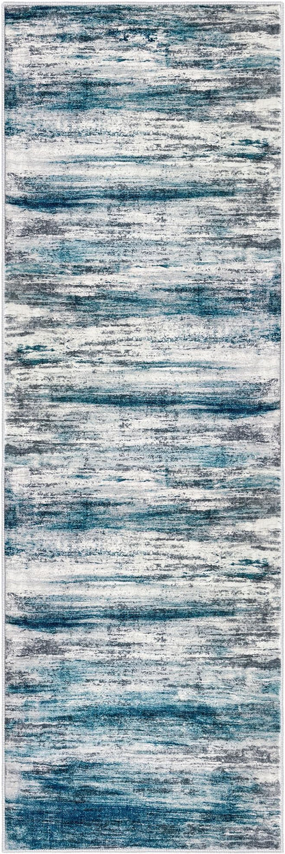 KOZYFLY Modern Abstract Hallway Runner Rug, 2.6x8 Washable Rug Runner Non-Slip Soft Striped Kitchen Runner Rugs, Print Light Blue Carpet Runner for Entryway Bathroom Laundry Room Foyer