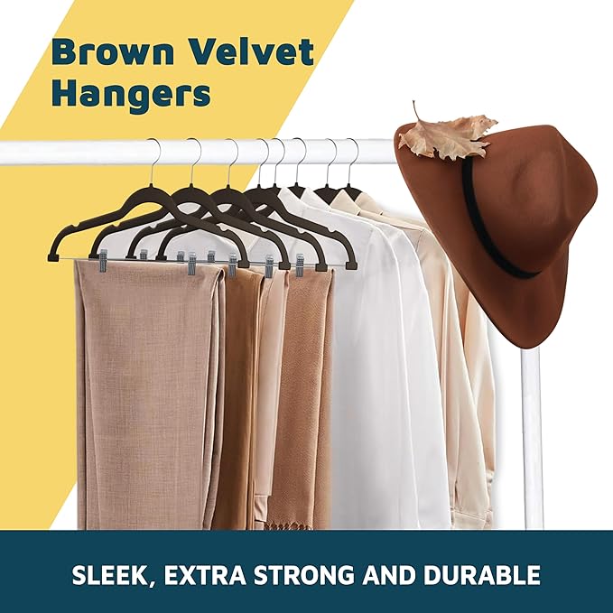 Velvet Skirt Hangers – with Adjustable Clips, 360 Degree Swivel Hook, and Non-Slip Shoulder Notch, Holds Up to 10 lbs, for Organizing Skirt, Pants, Dress, and Clothes, Pack of 10, Brown