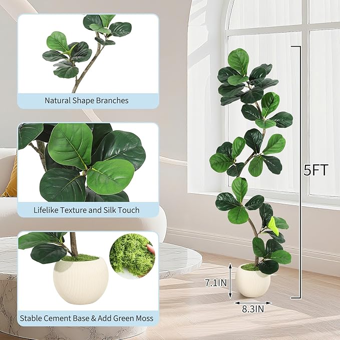 Garvee Fiddle Leaf Fig Tree 5ft Tall Artificial Tree with Grey Planter，Faux Floor Plant, Indoor Fake Plants for Home Office Decor