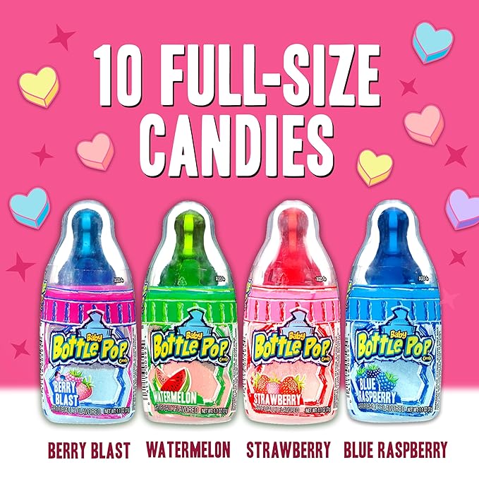 Baby Bottle Pop Candy Lollipops Variety Pack - 10 Ct Bulk Lollipops with Dipping Powder, Full Size, Fun Hard Candy For Birthday Parties, Valentine's Gifts, Goodie Bags, Party Favors