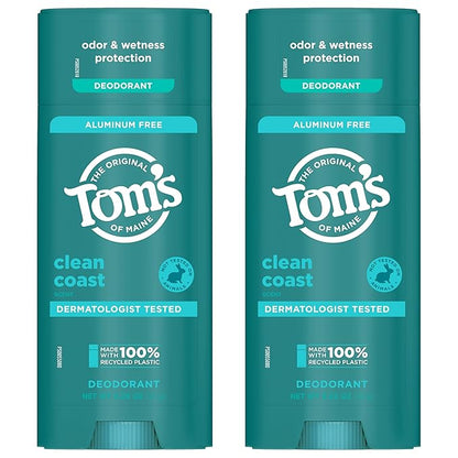 Tom’s of Maine Clean Coast Aluminum Free Natural Deodorant For Women & Men | Goes on Clear | Odor & Wetness Protection | Naturally Derived and Moisture-Locking Ingredients | 3.25 oz (2 Pack)