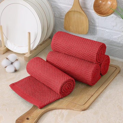 Kitinjoy 100% Cotton Kitchen Towels and Dishcloths Set, 8 Pack Waffle Weave Dish Towels Ultra Soft Absorbent Quick Drying Dish Rags, 13 x 28 Inch and 12 X 12 Inch, Red