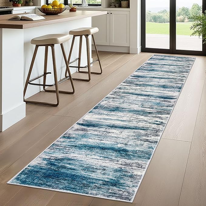 KOZYFLY Modern Abstract Kitchen Runner Rug, 2x10 Washable Rug Runner Non-Slip Soft Striped Hallway Runner Rugs, Light Blue Print Carpet Runner for Entryway Bathroom Laundry Room Foyer