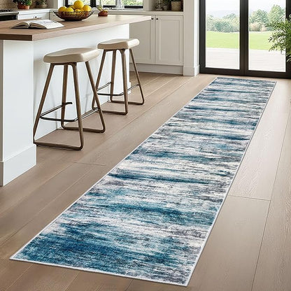 KOZYFLY Modern Abstract Kitchen Runner Rug, 2x10 Washable Rug Runner Non-Slip Soft Striped Hallway Runner Rugs, Light Blue Print Carpet Runner for Entryway Bathroom Laundry Room Foyer