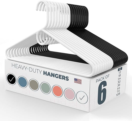 Neaties Heavy Duty Clothes Hangers 6 Pack – Made in The USA – 8lb Capacity Plastic Hangers for Adult Clothing – Durable for Pants, Coats, Jackets, or Jeans – White & Black
