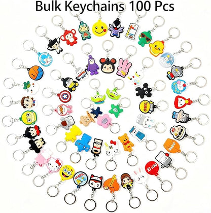 100 Pcs Bulk Keychains - Assorted PVC Keychain Lot with 10 Keyrings, Party Favors & Gifts