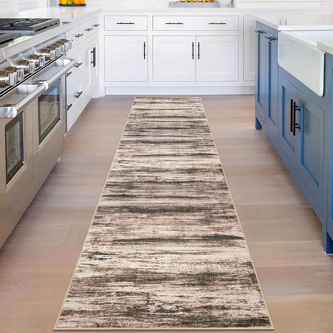 KOZYFLY Modern Abstract Kitchen Runner Rug, 2x8 Washable Rug Runner Non-Slip Soft Hallway Runner Rugs, Print Blush Brown Carpet Runner for Entryway Bathroom Laundry Room Foyer