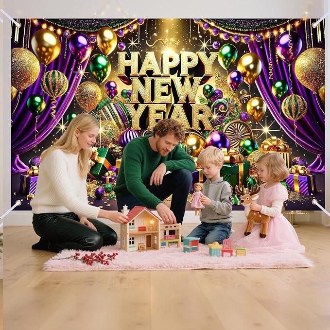Nuxovilar Happy New Year Banner, Purple Drape Golden Ornaments Backdrop for Party Decorations, 71x43 Inch