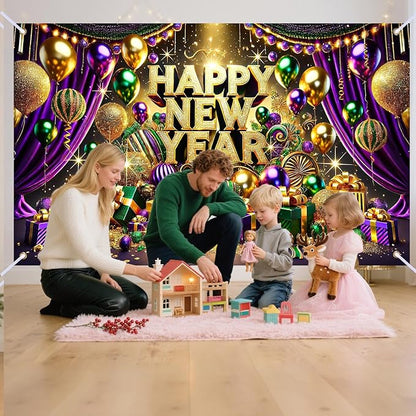 Nuxovilar Happy New Year Banner, Purple Drape Golden Ornaments Backdrop for Party Decorations, 71x43 Inch