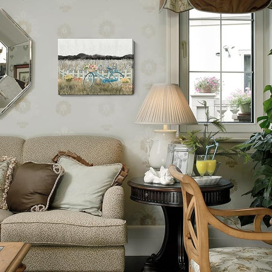 Farmhouse Decor Bathroom Fall Wall Art Vintage Boho Landscape Nature Canvas Picture Mountains, Bicycle Lavender Flowers Floral Neutral Small Artwork for Modern Organnic Country Rustic Cottagecore Bedroom
