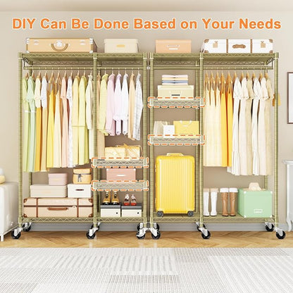 Ulif F4R Heavy Duty Clothes Rack(With Lockable Wheels )Rolling Clothing Racks for Hanging Clothes，Adjustable Closet Organizer System，Portable Garment Rack 45"W x 15.8"D x 73.5"H，Max Load 650LBS,Gold
