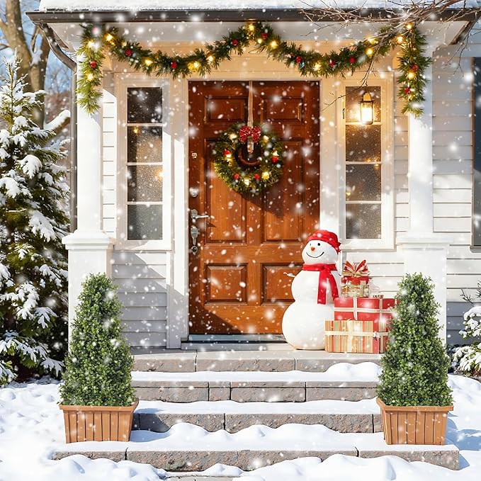 3ft Artificial Boxwood Topiary Trees (Set of 2) - UV Resistant Faux Plants Outdoor, Realistic 36" Fake Cone Bushes and Shrubs for Front Porch, Planter, Patio - Low Maintenance & Evergreen