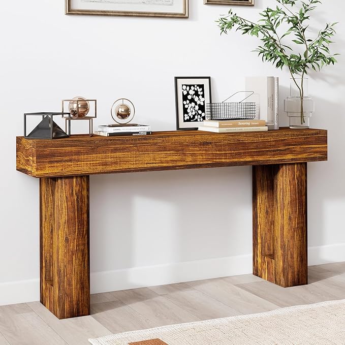 Vibe & Dine 63" Entryway Table, Farmhouse 2-Tier Console Table with U-Shaped Base, Narrow Long Wood Couch Table Behind Sofa for Living Room, Hallway, Foyer, Rustic Brown