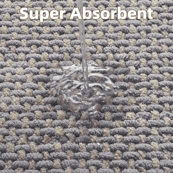 PADOOR-Bath Mat Runner-Super Absorbent Chenille Bathroom Mats-Rubber Backed Bath Mats for Bathroom Non Slip, Easy Clean Bathroom Runner Rugs Front of Bathtub,Shower Room,Sink-17×59, Grey&Beige
