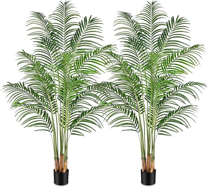 Artificial Palm Tree 6ft Tall Fake Palm Tree Indoor Decor with 18 Trunks and Real Bark Design Faux Tropical Areca Palm Silk Floor Plant in Pot for Home Office Living Room Bedroom Decor 2pcs