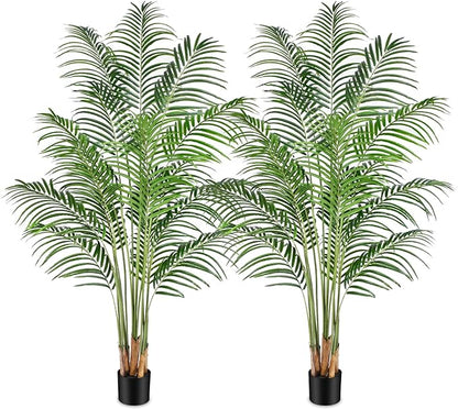 Artificial Palm Tree 6ft Tall Fake Palm Tree Indoor Decor with 18 Trunks and Real Bark Design Faux Tropical Areca Palm Silk Floor Plant in Pot for Home Office Living Room Bedroom Decor 2pcs